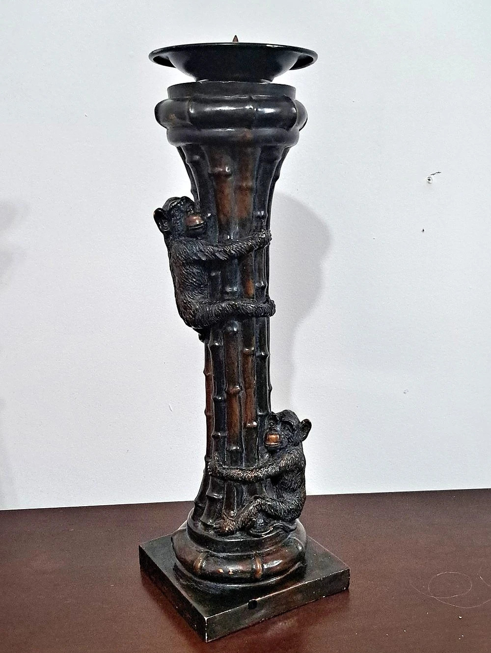 Monkey Bamboo Candle Holder Sculpture in Black & Brown